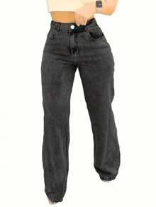 Women's Pocket Straight Loose Casual Versatile Jeans - Black - View 2