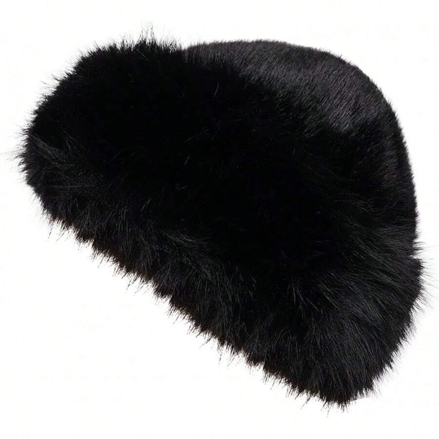 2026Womens Faux Fur Hat Winter Thickened Bucket Hat Warm Faux Fur Hats Plush Mongolian Hats Russian Beret For Women - 黑色 - 查看 1