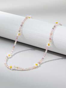 1pc Women's Sweet & Fresh Color-Blocking Beaded Flower Necklace, Suitable For Daily Wear (Bead Color Random)