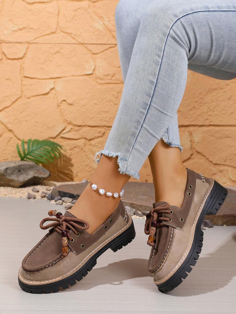 New Women's Loafers, Lightweight, Comfortable, Elegant, Fashion, British Style, Block Heel, Soft Sole, Slip-On Low-Top Shoes - Camel - View 1