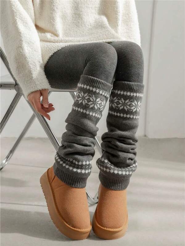 1 Paio di scaldamuscoli invernali/autunnali in stile coreano, a maglia con motivo Fair Isle e fiocchi di neve, in bianco/nero/marrone/grigio/avena, caldi e confortevoli