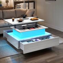 Lift Top Coffee Table, High Glossy With LED Strip, Modern Wooden Rectangle Tea Table With 2 Drawers, White -By GeoTower - White - View 3