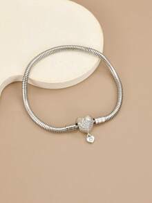 1pc Fashionable Charm Cubic Zirconia Snake Chain Stainless Steel Bracelet For Men & Women, Red Heart, Heart Lock, Suitable For Party, Daily Wear, European & American Style, Personalized, Generosity, Cubic Zirconia, Wedding Jewelry, Gift For Girl, Relative, Friend, Birthday, Valentine's Day, Gift For Lover - Silver - View 21