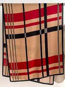 1条女士格子印花大围巾，缎面柔软亲肤，春夏防晒沙滩披肩，适合搭配连衣裙 - 卡其格紋 - 查看 2