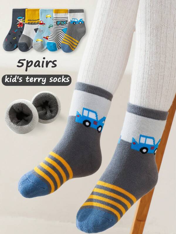 5 Pairs Kids Cartoon Car Print Fleece Lined Crew Socks (4-12 Years Old), Warm And Comfortable Socks For Children In Autumn/Winter, Soft And Versatile For Everyday And Outdoor Wear