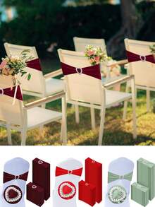 10/50 件 14*35 厘米蝴蝶结椅背套，带心形扣滑块，弹性椅套带绑带，适用于婚礼、派对、洗礼、情人节装饰（鼠尾草绿/红色/勃艮第红/古金色） - 彩色 - 查看 2