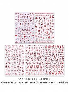 5 Peças de Adesivos de Arte de Unhas de Papai Noel Vermelho em Estilo de Desenho Animado - Design de Arte DIY para Inverno, Natal, Ano Novo, Flocos de Neve Vermelhos Fofos, Renas, Papai Noel, Pinguins, Corações, Fitas, Acessórios de Natal, Adequado para Uso Diário, Casamento e Feriados de Mulheres, Adesivos de Unhas Descartáveis, Estilo de Tema de Desenho Animado e Fofo, Fácil de Colar, Decoração de Salão de Beleza
