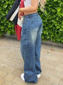 女士休闲水洗直筒低腰宽松破洞牛仔裤 - 深色水洗藍 - 查看 2