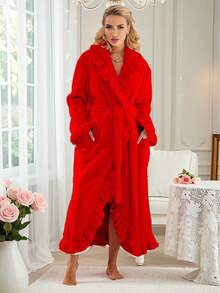 2件装女士超柔软荷叶边加厚绒袍，荷叶边时尚长袍带侧袋，保暖长款浴袍，毛绒SPA袍，家居服，睡衣 - 彩色 - 查看 5