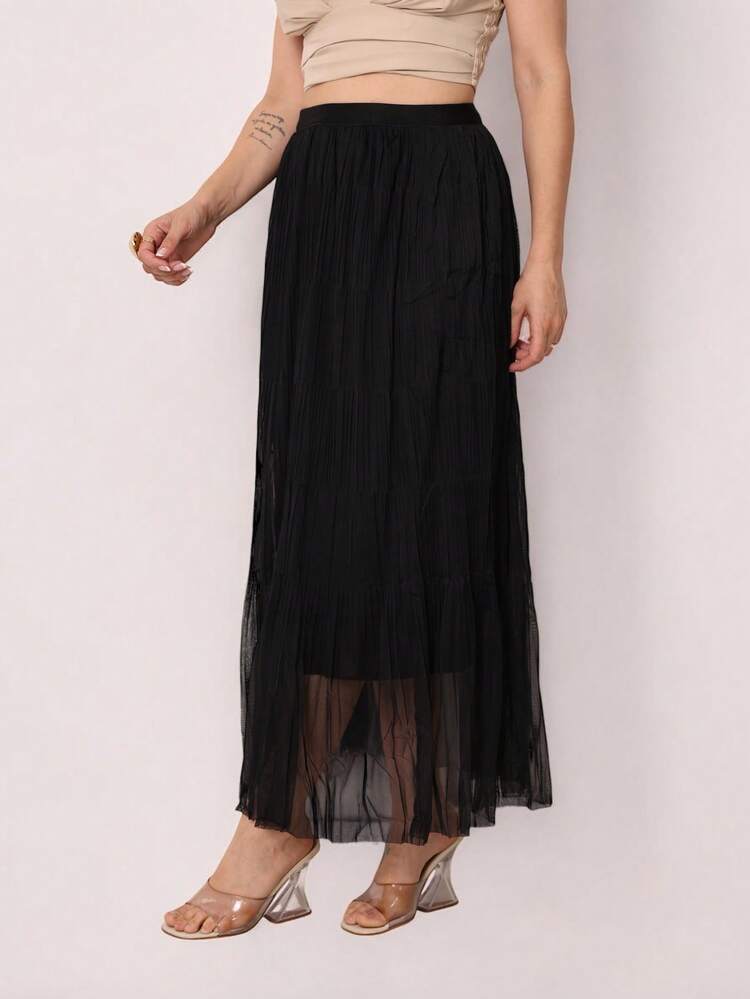 Women's Long Skirt Elegant Tulle Pleated With Lining High Waist Party Night Look - 黑色 - 查看 2