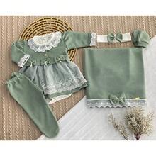 Maternity Outfit With 6 Pieces In Knitted Fabric – Dress, Bodysuit, Blanket, Gloves And Tiara, Size RN - 橄欖綠 - 查看 3
