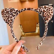 1条柔软舒适的动物纹发箍，豹纹印花，毛绒猫耳设计，时尚街头风配饰，百搭日常佩戴，适合年轻女性和时尚爱好者。 - 彩色 - 查看 3
