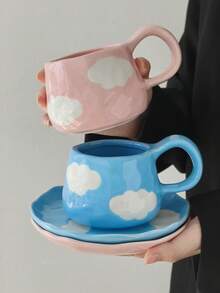 Cabin Kangaroo Ins风格，法式复古风格，手工捏塑手绘，不规则陶瓷咖啡杯碟，手工捏塑痕迹，手绘图案，艺术气息浓厚，高档甜点碟，下午茶，提升格调