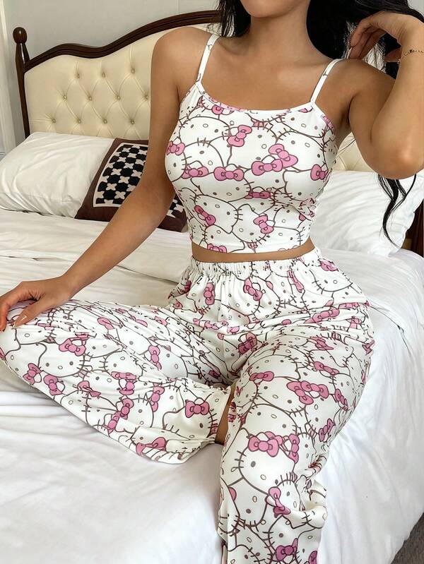Sanrio 2pcs Hello Kitty Women Camisole Printed Crop Top + Straight Elastic Waist Pants Pajama Sleepwear Set