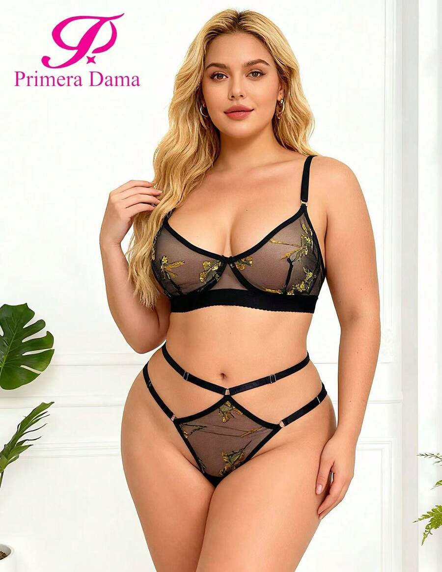PRIMERA DAMA Plus Size Bra And Panty Sets - 黃色 - 查看 1