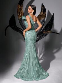 柔软闪亮纯色不对称领口亮片条纹开衩无袖连衣裙，适合婚礼、春季派对 - 薄荷藍 - 查看 3