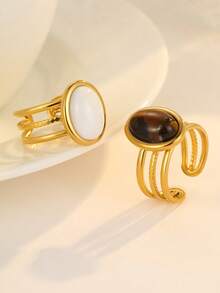 2pcs Stainless Steel Gold-Tone Open Rings Inlaid With White And Tiger Eye Gemstones, Suitable For Women Or As Gift Sets - Yellow Gold - View 2