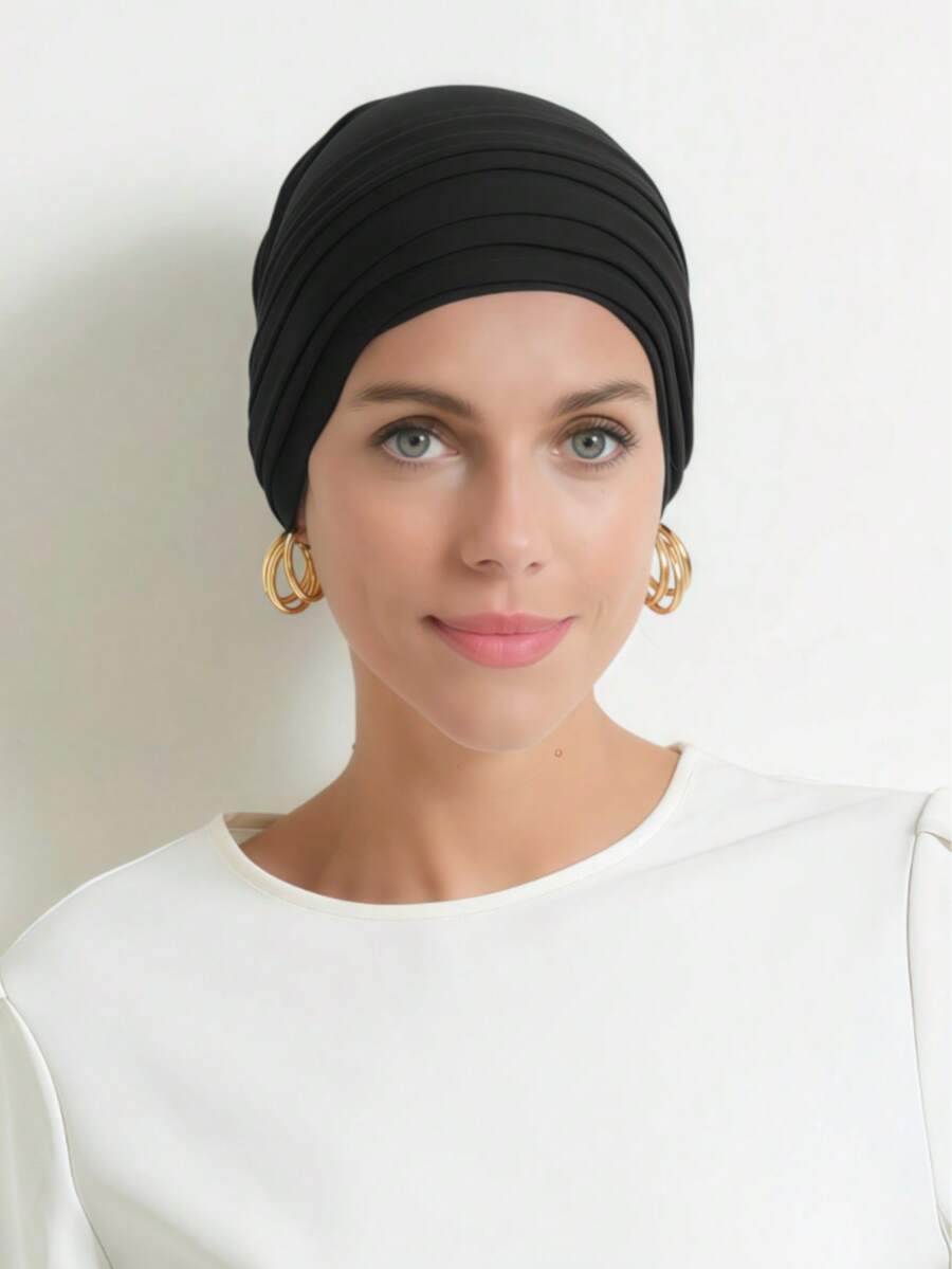 1pc Women's Classic 2-In-1 Turban Headscarf, Pleated Design, High-Stretch Jersey Fabric, Moisture-Wicking, Suitable For Muslim Daily Life And Outings For Dress