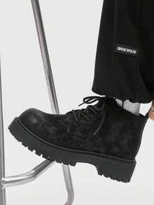 Men's Fashionable High-Top Round Toe Ankle Boots, Thick Sole, Wear-Resistant, Vintage Casual Style, Suitable For Plus Size, Winter Outdoor - 黑色 - 查看 5
