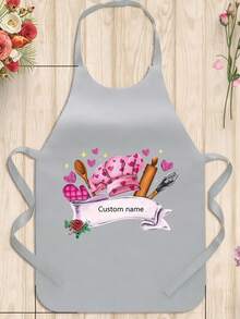Personalized Custom Unisex Polyester Apron ,Customized Name Disposable Apron ,Custom Text Personalized Apron ,Custom Apron With Text ,Pink Chef Theme With Kitchen Utensils, Hearts & Stars Print, Durable Polyester Sleeveless Neck Strap