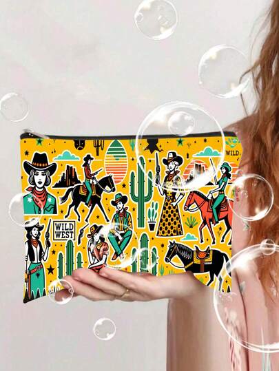 1 pieza Bolsa de maquillaje con cierre de cremallera y tema occidental con base amarilla, bolsa de lona resistente a la decoloración, bolsa de almacenamiento portátil, estuche para lápices de estudiante, bolsa de aseo de lona, bolsa de viaje para bolígrafos, bolsa para aperitivos - Bolsa multifuncional - Mejor regalo para amigos, impresión a doble cara, bolsa, bolsa de maquillaje, artículo de viaje