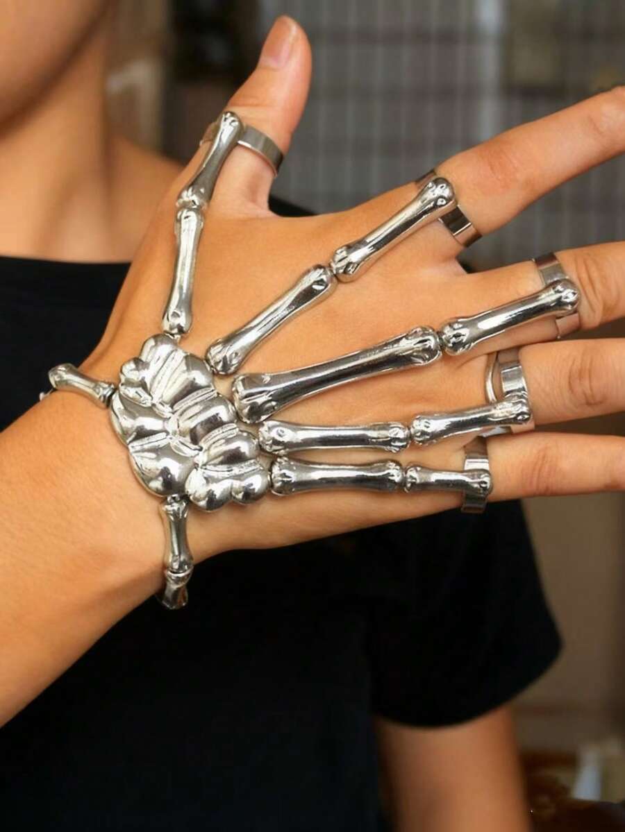 1 pieza Anillo de cadena de mano de esqueleto vintage exagerado de estilo punk rock, con 5 dedos conectados por metal, accesorio para hombres para fiesta de Halloween, mascarada - Plateado - Ver 1