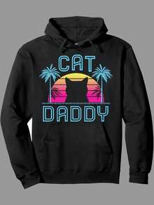 At Daddy Dad Hoodie - Retro 80s Neon Glow Cat Paw & Sunset Palm Tree Pullover, Black With Turquoise Logo, Casual Summer Sweatshirt For Fathers Day Gifts, Cat Lovers Apparel (Machine Washable),Fall Hoodies,Men's Fall Clothes,Street Wear,Halloween,Mens Hoodies,Y2k Clothes,Jesus Hoodie,Thanksgiving Day,Nightmare Before Christmas,Christmas - Black - View 1
