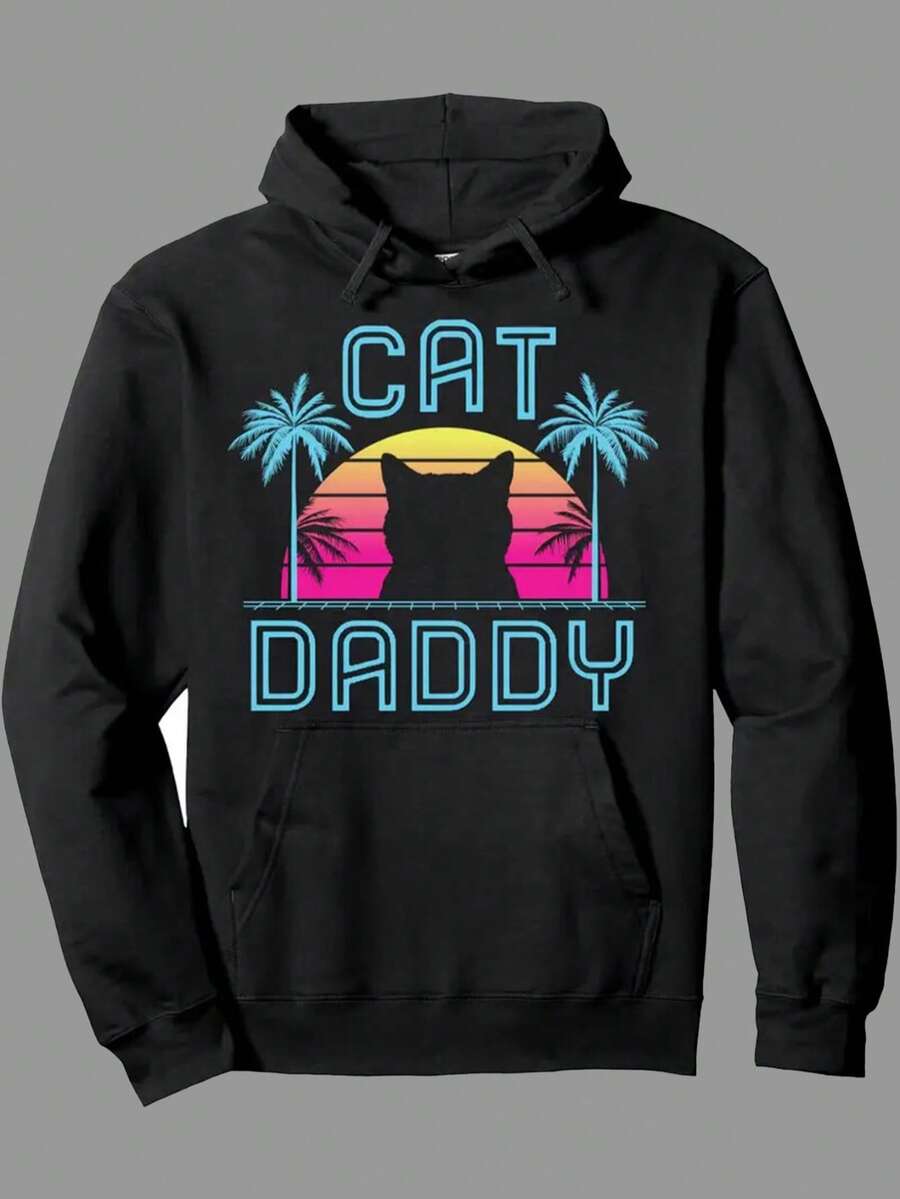At Daddy Dad Hoodie - Retro 80s Neon Glow Cat Paw & Sunset Palm Tree Pullover, Black With Turquoise Logo, Casual Summer Sweatshirt For Fathers Day Gifts, Cat Lovers Apparel (Machine Washable),Fall Hoodies,Men's Fall Clothes,Street Wear,Halloween,Mens Hoodies,Y2k Clothes,Jesus Hoodie,Thanksgiving Day,Nightmare Before Christmas,Christmas - Black - View 1