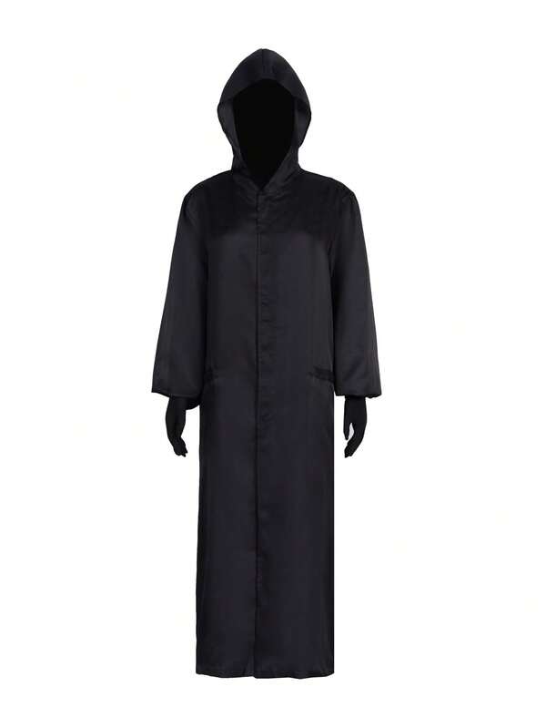 1pc Adult Black Game Cosplay Costume, Korean Style Movie Unisex Hooded Cloak Jacket With Black Gloves