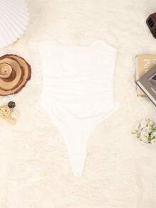 Apperloth A Romantic Ruffle Mesh Patchwork Fishbone Detail Backless Bodysuit, Sexy For Music Festival - White - View 6