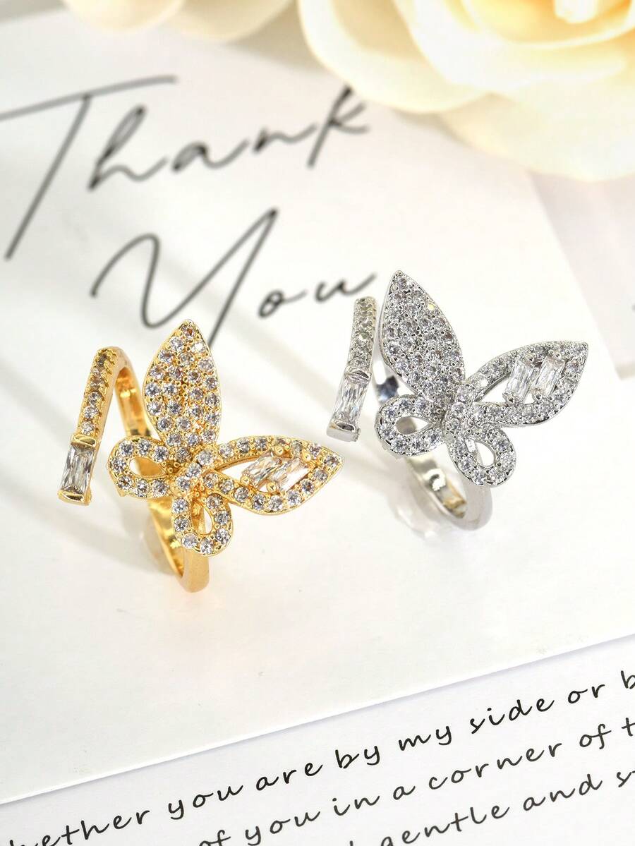 1pc Fashionable High-End Zirconia Butterfly Open Ring, Suitable For Women's Daily Wear, Business, Party, Wedding, Travel, And As Eid Al-Fitr/Eid Al-Adha Gift - Butterfly - View 1