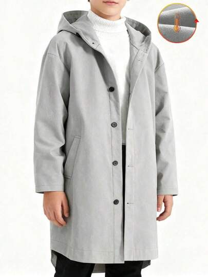 Teen Boys' Fashion Classic Personalized Solid Color Double-Sided Soft & Sturdy Material Slant Pocket Front Short Back Long Design Hoodie Suitable For Casual, Fashion, Classic, Versatile, Outdoor, Commuting, Street Style, Winter New Long Sleeve Long Coat Hoodie