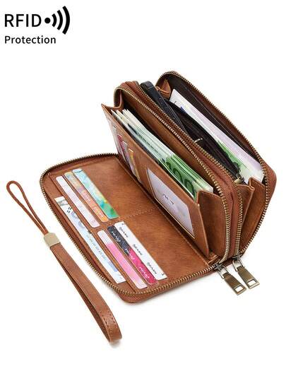 MIYIN Vintage Doppel-Reißverschluss Großraum-Geldbörse, stilvolle Handtasche, Damen Handgelenk-Münzbörse mit mehreren Kartenfächern und Handyhalter, minimalistischer einfarbiger RFID-blockierender Kreditkartenhalter, multifunktionale Damen-Tragetasche für Partys, Einkaufen, Reisen usw., Geburtstagsgeschenk, Valentinstag Präsent