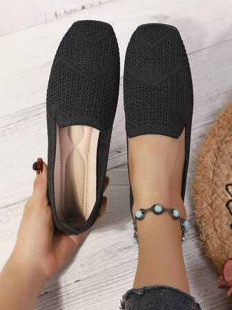 Women's Square Toe Slip-On Knitted Striped Flat Shoes, Solid Color Bohemian Chic Fashion Casual Comfortable Outdoor Cute Ribbed Flats, Suitable For Holiday, Party, Home, Office, Outdoor, All Seasons