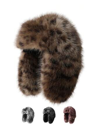 1pc Women's Fashionable New Leopard Print Faux Fur Trapper Hat, Thick Warm Ear Protection Windproof Plush Cap For Autumn/Winter, Outdoor Cycling Skiing, Daily Fashion Accessory