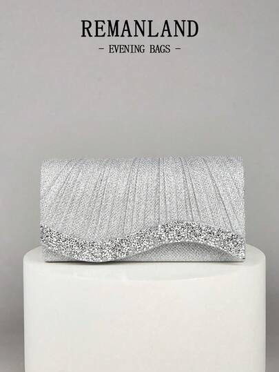 REMANLAND A Mini Glitter Sparkle Chain Folded Crinkle Square Bag Rhinestone Evening Bag Clutch, Perfect Match With Women's Prom Dresses, Prom Accessories, Women's Sequin Dress, Sparkle Dress, Women's Elegant Dress, Elegant Prom Bag, Perfect Match With Bridal Party, Suitable For Wedding Evening, Party, Wedding, Prom, Dinner/Banquet