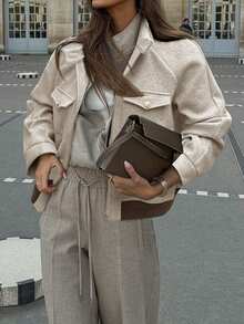 Autumn/Winter High-End Herringbone Flap Pocket Stand Collar Retro Style Daily Commute Slimming Jacket - Apricot - View 3