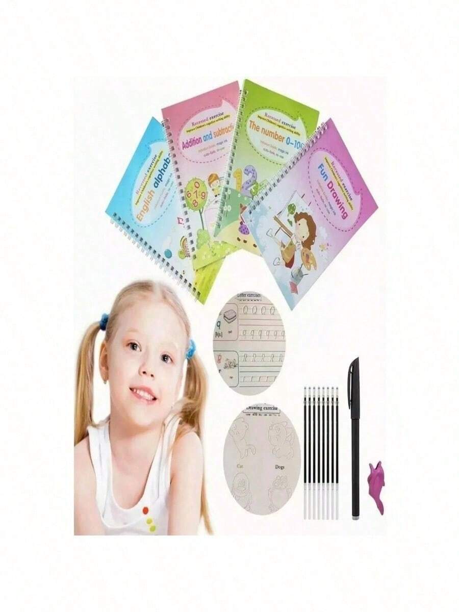 4 piezas empotrado tablero duro pluma práctica post,cuaderno reutilizable de ejercicios de escritura 3d ,con símbolos matemáticos y letras en inglés regalo educativo para niños para - Blanco y Negro - Ver 1