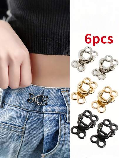 6颗金属合金隐形纽扣，固定扣，隐形钩眼扣，适用于外套、皮草夹克和牛仔裙 - 可调节腰钩，金色和黑色，缝纫用品，服装配饰|简约纽扣设计|耐用纽扣