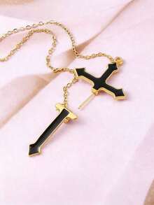 1pc Black Cross Integrated Stud Earring With Chain, Edgy, Fashionable, Suitable For Women's Daily And Festival Wear - 金色 - 查看 5
