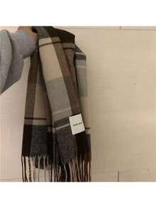 1pc Men's Autumn/Winter Warm Plaid Tassel Scarf, Gift For Men
