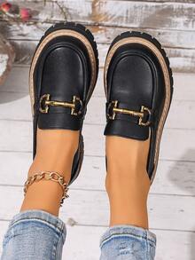 Giày lười nữ đế dày, kiểu dáng slip-on, trang trí dây xích kim loại thời trang, giày lười đế cao. - màu đen - Xem 3