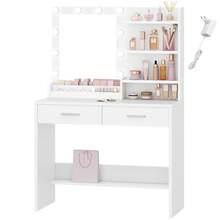 HEXCELEN 90cm Dressing Table With Mirror, Dressing Table With LED, 3 Brightness Levels, 2 Drawers, 4 Open Shelves And 2 Compartments, Dressing Tables, Modern, White - Phích cắm loại C của EU (220-240V) - Xem 10