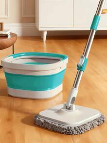 Flat Floor Mop And Bucket Set, Foldable Spin Mop For Floor Cleaning & Square-Head Collapsible Bucket, Bathroom Cleaning Mop, Spin Mop With Adjustable Handle - Wet And Dry Use, Ideal For Hardwood, Tile, And Marble Floors, Household Essentials, Blue, Green - 綠色 - 查看 1