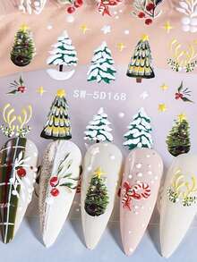 2 Peças de Adesivos de Arte de Unhas com Relevo de Padrão de Folhas de Natal de Inverno - Design de Arte DIY para Árvore de Natal de Inverno, Natal, Ano Novo, Galhadas de Veado, Folhas de Flores e Luzes de Estrela, Adequado para Uso Diário, Casamento e Feriados de Mulheres, Adesivos de Unhas Descartáveis, Estilo de Tema Cartoon, Fofo, Fácil de Colar, Decoração de Salão de Beleza