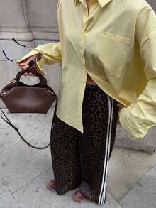 GLOpass 缎面渐变直筒裤，宽松豹纹嘻哈风女裤，侧条纹撞色休闲阔腿裤，春秋季轻薄款 - 棕色 - 查看 3