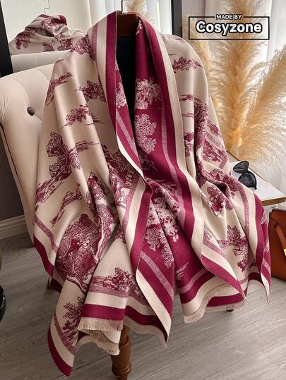 1 件女士双面仿羊绒花卉提花保暖围巾披肩，适合日常穿着，秋冬