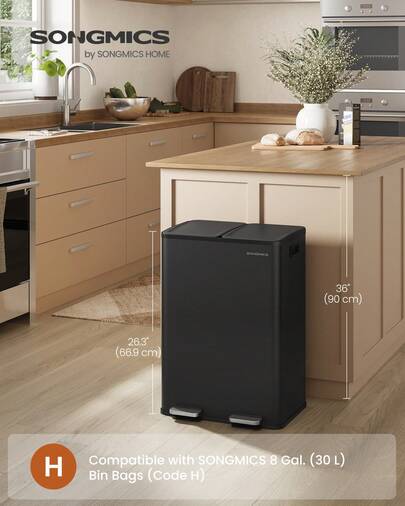 SONGMICS Kitchen Bin, 2 X 8 Gallon (2 X 30 L) Dual-Compartment Pedal Rubbish Bin With Soft-Close Lid And Inner Buckets, Steel, Includes 15 Liner Bags, Ink Black/Slate Grey