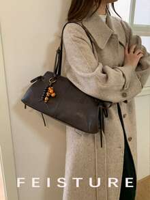 1pc Vintage Large Capacity PU Material Women's Shoulder Bag, Bowling Bag Style, Get Free Accessory Charm With Store Follow, Suitable For Daily Outing, Dating, Commuting - Coffee - View 6