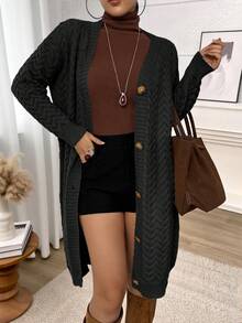 Plus Size Women's Solid Color Front Button Long Sleeve Casual Long Cardigan, Winter - Black - View 4